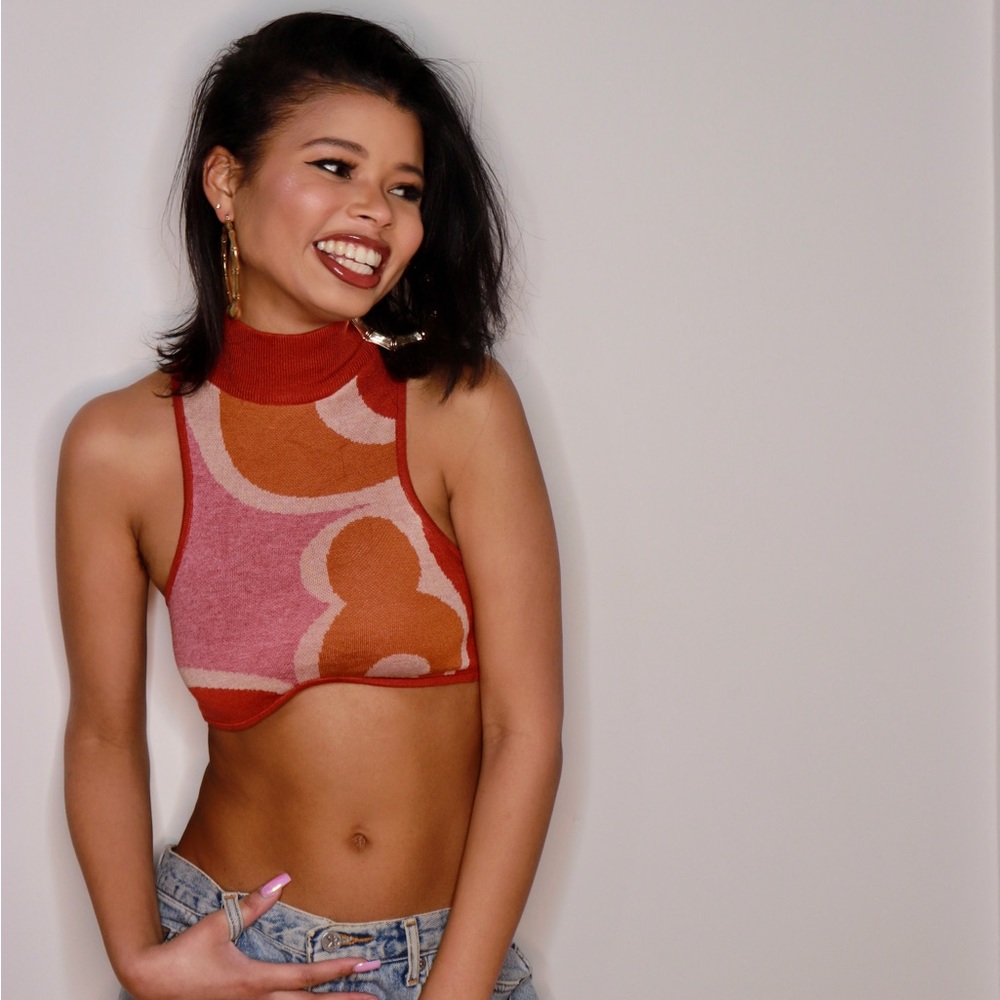 Andrea Iyamah “Ally Carro print knit top” orange and pink